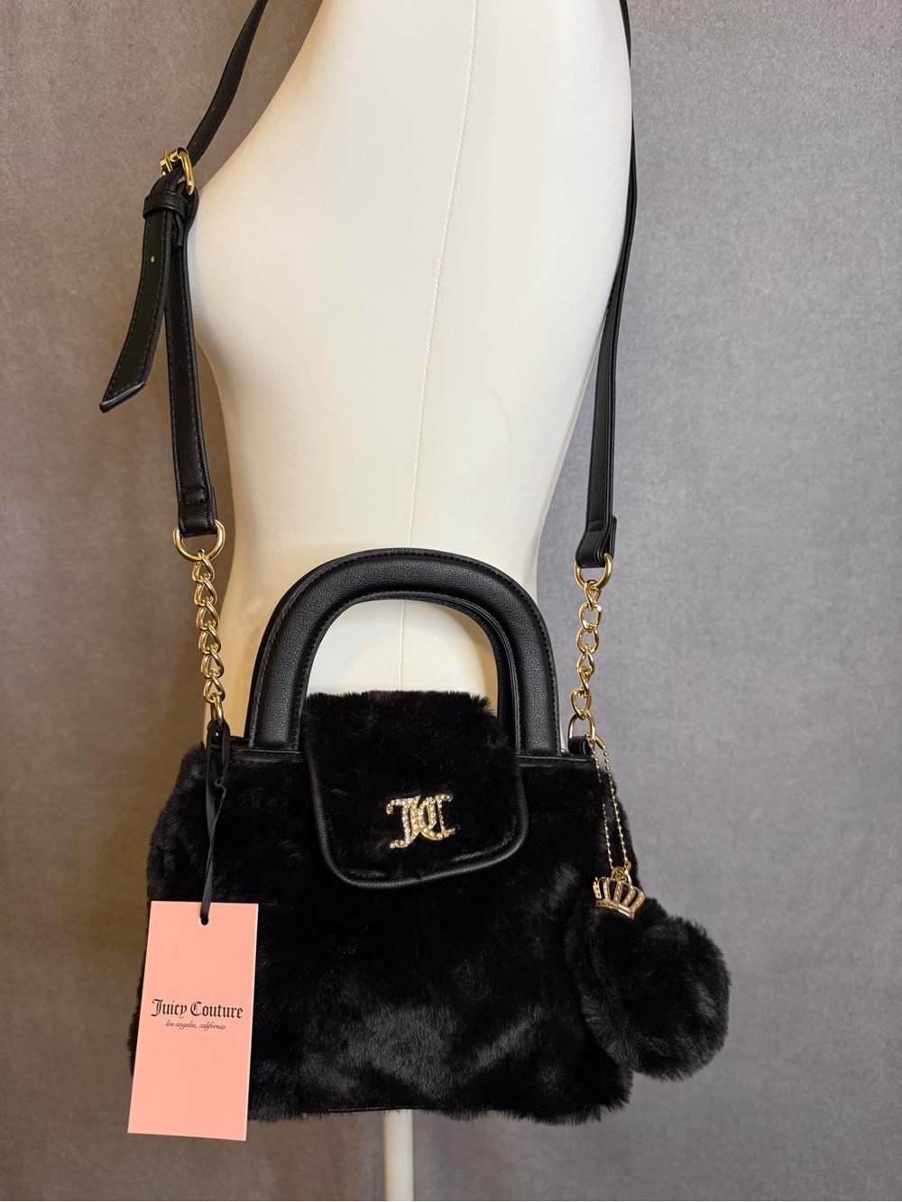 Juicy Couture Black Faux Fur Mini Satchel Crossbody Bag with Pom Charm NWT